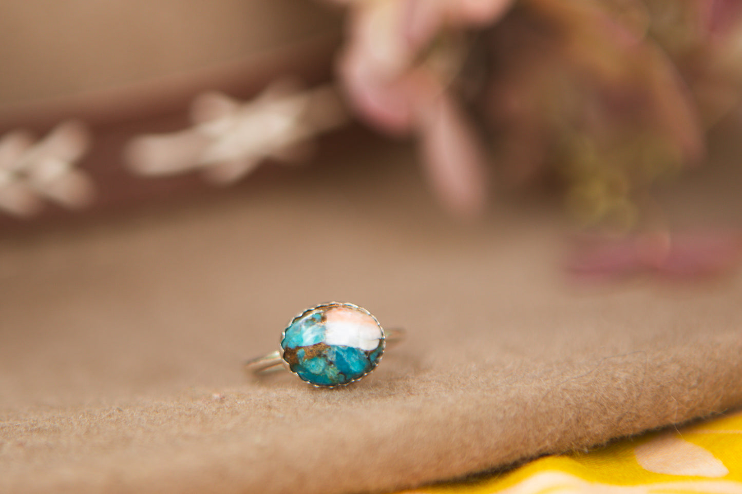 Stacker Gemstone Ring // Spiny Oyster Copper Turquoise size 4