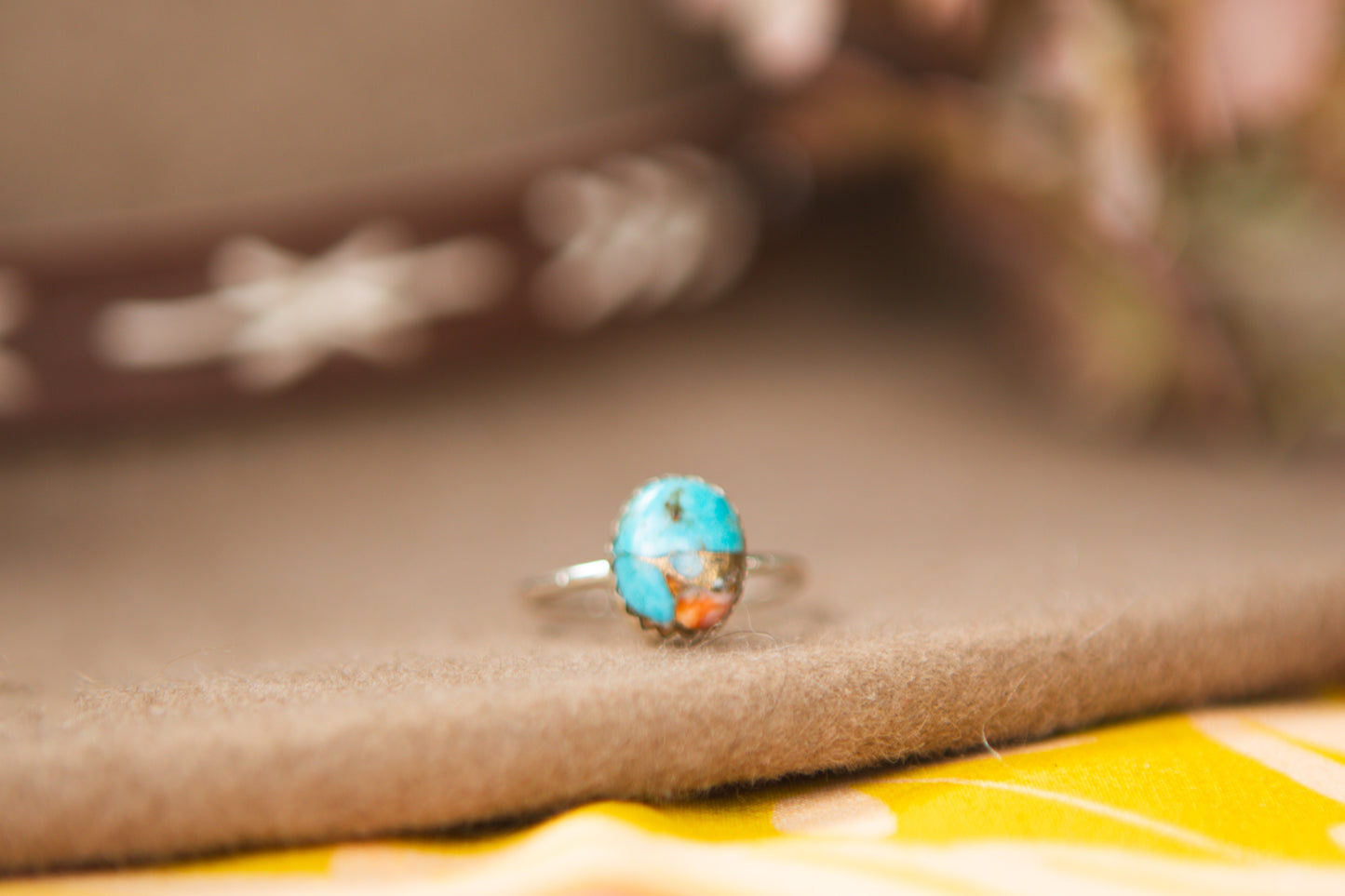 Stacker Gemstone Ring // Spiny Oyster Copper Turquoise size 6