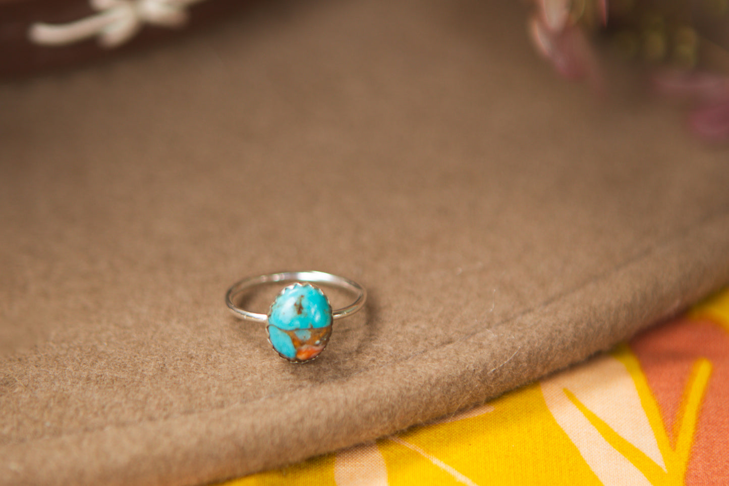 Stacker Gemstone Ring // Spiny Oyster Copper Turquoise size 6