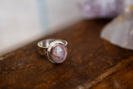 Sterling Silver Round Mexican Fire Opal Ring with Stamped Band Size 7.5