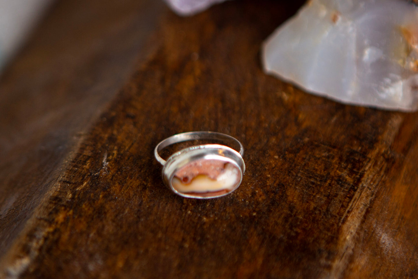 Sterling Silver Delicate Horizontal Mexican Fire Opal Ring - Size 6.5