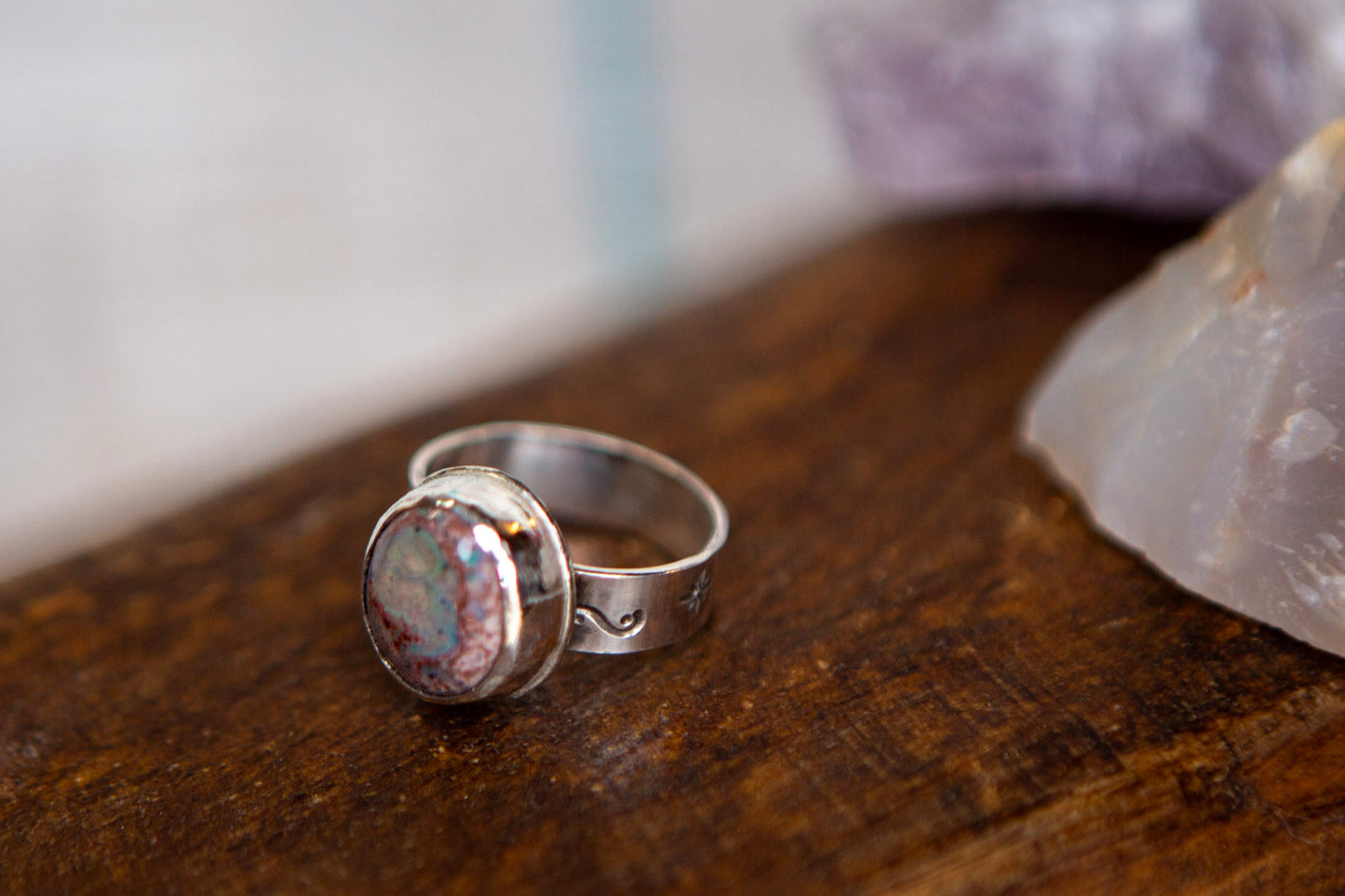 Sterling Silver Round Mexican Fire Opal Ring with Stamped Band Size 7.5