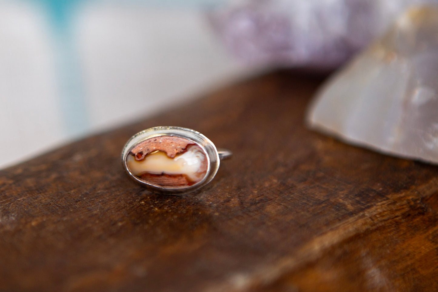 Sterling Silver Delicate Horizontal Mexican Fire Opal Ring - Size 6.5