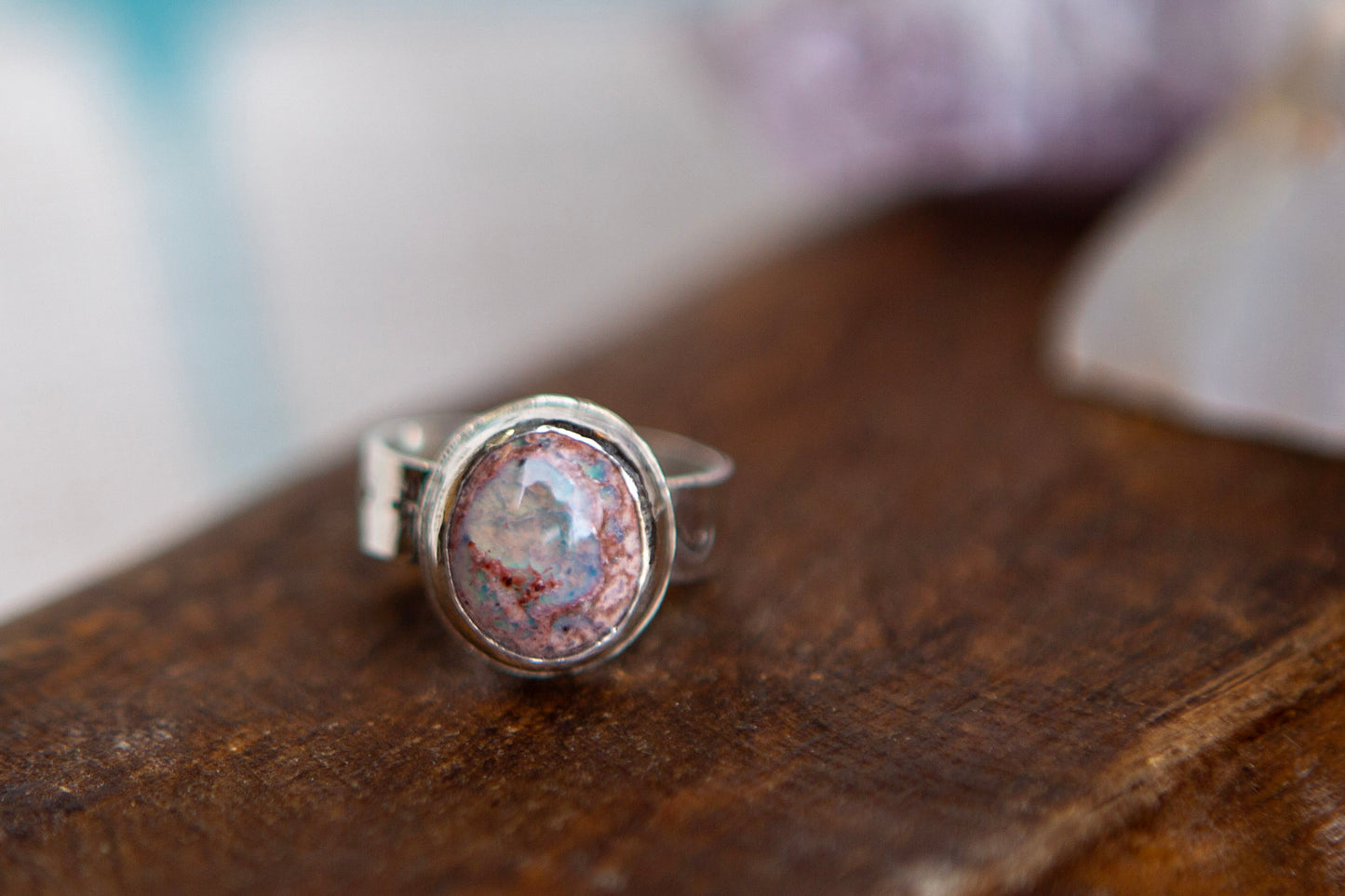 Sterling Silver Round Mexican Fire Opal Ring with Stamped Band Size 7.5