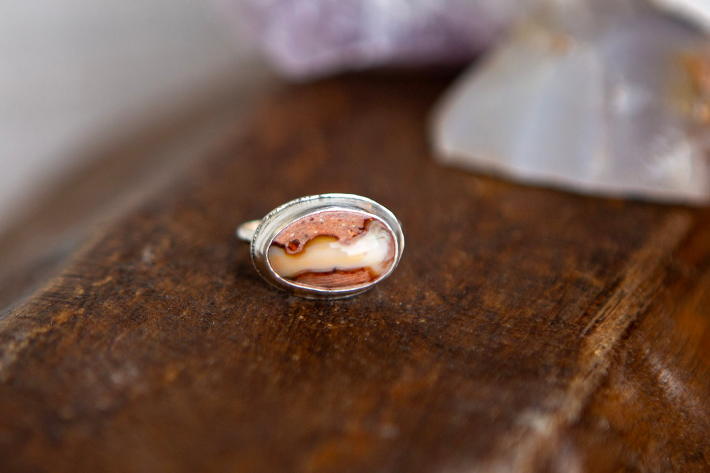 Sterling Silver Delicate Horizontal Mexican Fire Opal Ring - Size 6.5