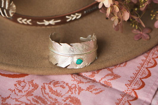 Feather Cuff with Turquoise Stone // Size 5.5