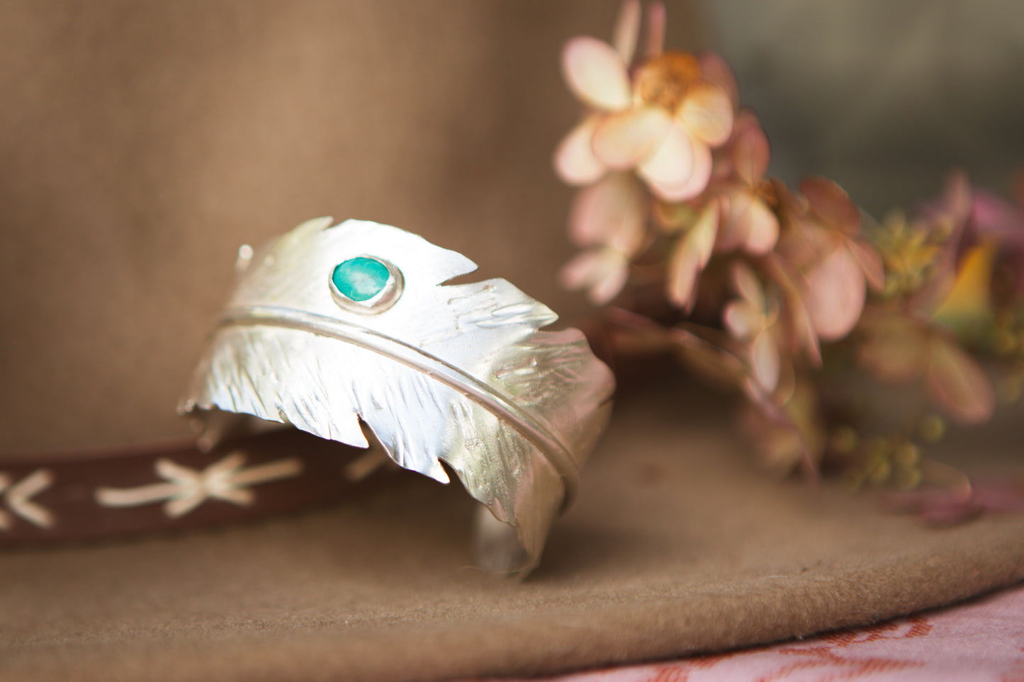 Feather Cuff with Turquoise Stone // Size 5.5