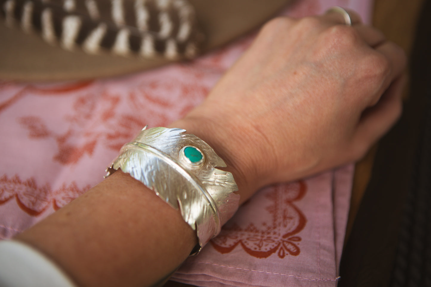 Feather Cuff with Turquoise Stone // Size 5.5