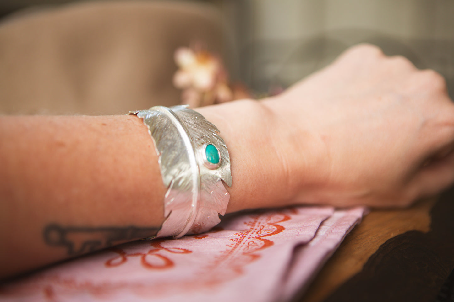 Feather Cuff with Turquoise Stone // Size 5.5